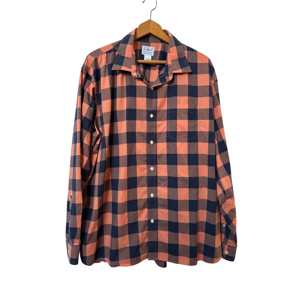 LL Bean Mens XL Traditional Fit Cotton Buffalo Check Shirt Orange Navy Blue